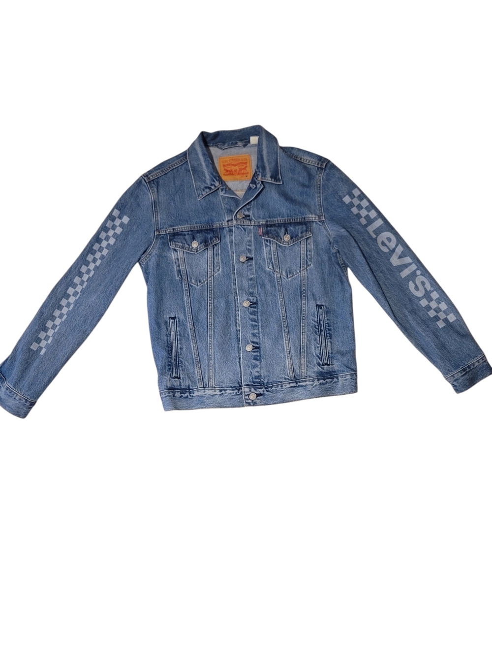 Levi's Blue Mens Denim Jacket with Sleeve Logo and Checker Stripes